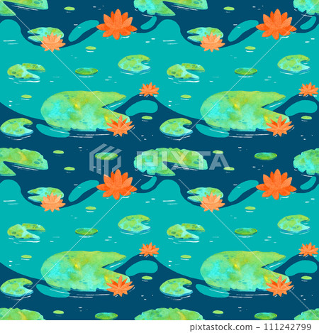 Pond plants watercoolor illustration with reeds, water lilies and grass seamless pattern.  111242799