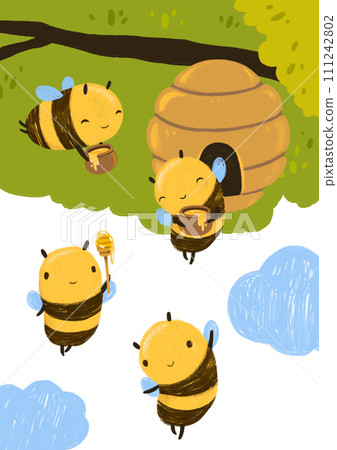Cute Honey Bee illustration hive, clouds, tree branch and honey jar. Isolated on white background Cute Honey Bee illustration hive, clouds, tree branch and honey jar. Isolated on white background 111242802