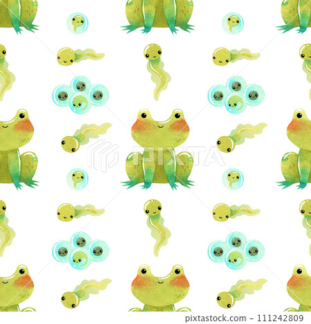 Cute funny green frog, toad watercolor illustration with eggs and tadpole seamless pattern 111242809