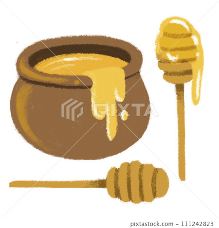 Cute Honey Bee illustration with hiney jar. Isolated on white background Cute Honey Bee illustration with hiney jar. Isolated on white background 111242823