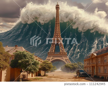 AI-generated content. Eiffel tower against the giant wave of Climate change 111242945
