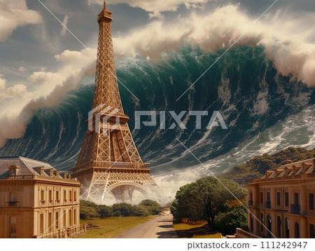 AI-generated content. Eiffel tower against the giant wave of Climate change 111242947