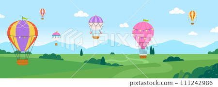 Flights on hot air balloons. Cartoon nature landscape with valley and base stop for travel on hot air balloons. Outdoor adventures, vector scene Flights on hot air balloons. Cartoon nature landscape with valley and base stop for travel on hot air balloons. Outdoor adventures, vector scene 111242986