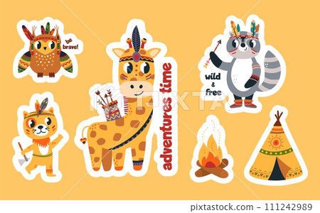 Boho style animals stickers set. Children decorative cartoon mascots, wild animal with arrows. Funny owl, raccoon and giraffe, vector clipart Boho style animals stickers set. Children decorative cartoon mascots, wild animal with arrows. Funny owl, raccoon and giraffe, vector clipart 111242989