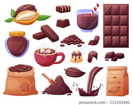 Cartoon cocoa products. Beans and powder, chocolate bar and liquid hot drink in mug. Sweets and candies, plant and sweet bar. Nowaday dessert vector set 111242992
