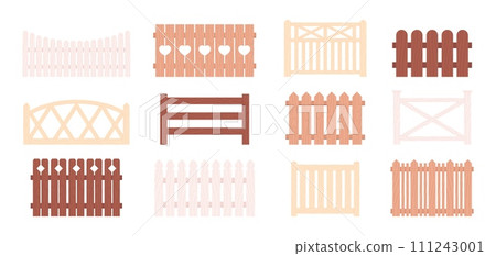 Cartoon fences. Isolated wooden fence, farm or garden railing elements. Fencing decorative sections. Flat backyard gates racy vector clipart Cartoon fences. Isolated wooden fence, farm or garden railing elements. Fencing decorative sections. Flat backyard gates racy vector clipart 111243001