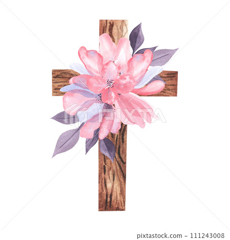 Watercolor cross with abstract pink flowers. Easter catholic religious symbol. Orthodox cross for church and holidays. Latin symbol of the saint and spring floral arrangement Watercolor cross with abstract pink flowers. Easter catholic religious symbol. Orthodox cross for church and holidays. Latin symbol of the saint and spring floral arrangement 111243008