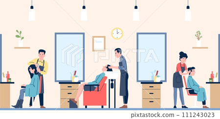 Hairdressing salon. Barbers and hairdressers working with people. Men women caring hair, doing haircuts, washing head. Flat recent vector scene 111243023