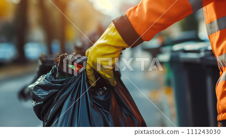 Close-up of the hand of a garbage collector in the city. 111243030