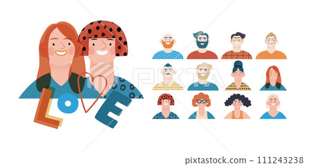 Valentine: Spectrum of Love - modern flat vector concept illustration of a vibrant array of individual portraits celebrating love's diverse expressions. Metaphor for the universal language of love 111243238
