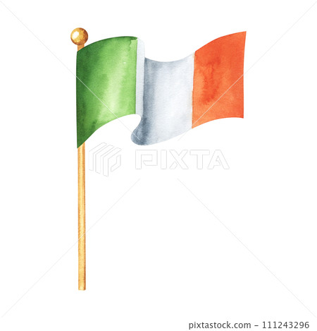 Irish flag painted with watercolors on white background. Hand drawn illustration. 111243296