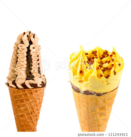 Ice cream in a waffle cone isolated on a white. There is free space for text. Collage. 111243421