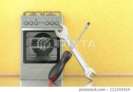 Gas range with screwdriver and wrench in interior. Service and repair of gas stove, concept. 3D rendering Gas range with screwdriver and wrench in interior. Service and repair of gas stove, concept. 3D rendering 111243424