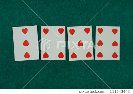 Old west era playing card on gambling table. 3,4,5,6 of hearts. Old west era playing card on gambling table. 3,4,5,6 of hearts. 111243443