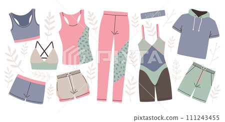 Womens sportswear, vector collection on white background 111243455
