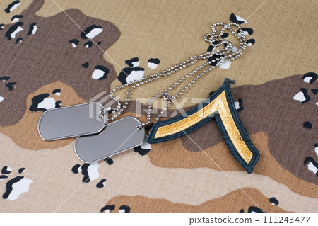 US ARMY Private rank patch and dog tags on desert camouflage uniform US ARMY Private rank patch and dog tags on desert camouflage uniform 111243477