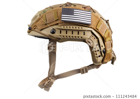 Camouflaged military helmet with US flag patch 111243484