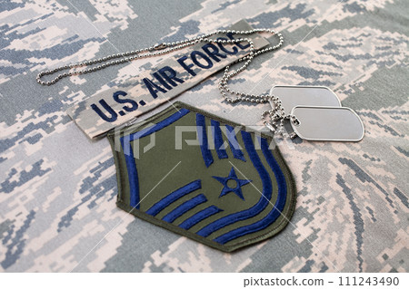 US AIR FORCE Master Sergeant rank patch and dog tag on digital tiger stripe pattern Airman Battle Uniform 111243490