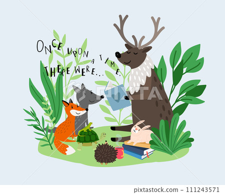 Deer reads a book to baby animals. Magic fairy tale in a clearing 111243571