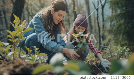 Caucasian mother and daughter planting trees in the forest. 111243605