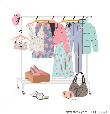 Clothes hanger with a set of fashion women clothing and accessories in a romantic style 111243621