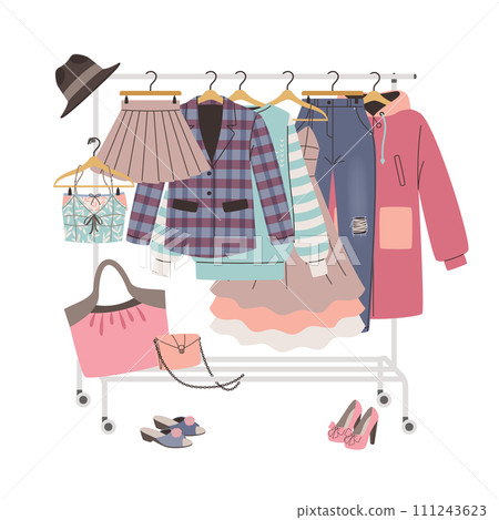 Clothes hanger with a set of fashion women clothing and accessories in a casual style Clothes hanger with a set of fashion women clothing and accessories in a casual style 111243623