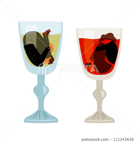 Alcoholic drowned in a glass with alcohol. A woman with alcohol addiction suffocates in alcohol. Alcoholism concept vector illustration 111243636
