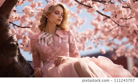Fashion Model Amongst Cherry Blossoms Fashion Model Amongst Cherry Blossoms 111243707