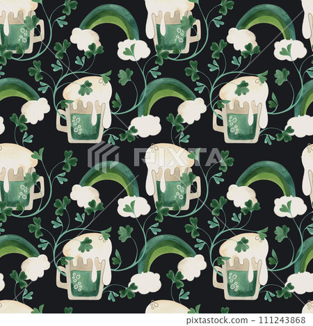 Seamless pattern with symbols of Ireland. Wrapping paper for St. Patrick's Day. Watercolor in vintage style on a black background. Seamless pattern with symbols of Ireland. Wrapping paper for St. Patrick's Day. Watercolor in vintage style on a black background. 111243868