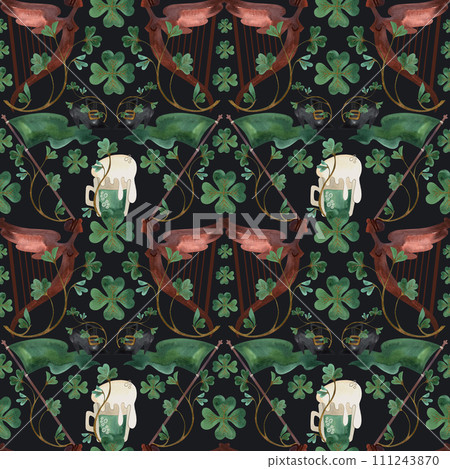 Seamless pattern with symbols of Ireland. Wrapping paper for St. Patrick's Day. Watercolor in vintage style on a black background. 111243870