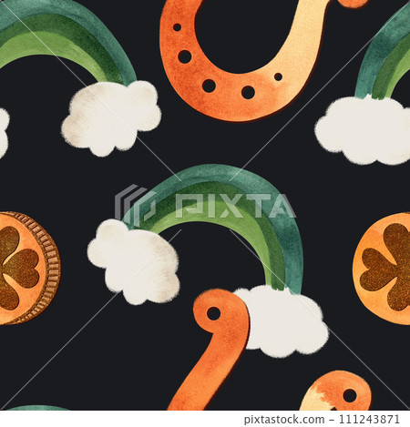 Seamless pattern with symbols of Ireland. Wrapping paper for St. Patrick's Day. Watercolor in vintage style on a black background. Seamless pattern with symbols of Ireland. Wrapping paper for St. Patrick's Day. Watercolor in vintage style on a black background. 111243871