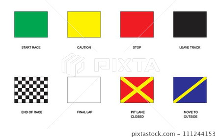 Set of different race flags signs. Start, finish, caution, stop, leave track, pit lane closed, final lap banners. Rally competition symbols isolated on white background Set of different race flags signs. Start, finish, caution, stop, leave track, pit lane closed, final lap banners. Rally competition symbols isolated on white background 111244153