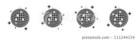 Discoballs with glitters. Set of vintage shining nightclub spheres. Dance music party glitterballs. Vintage mirror balls in 70s 80s 90s discotheque style. Nigh life symbols Discoballs with glitters. Set of vintage shining nightclub spheres. Dance music party glitterballs. Vintage mirror balls in 70s 80s 90s discotheque style. Nigh life symbols 111244154
