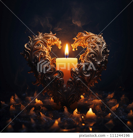 Flaming heart, fire of love, valentines day, red heart shaped candle melts on black background Flaming heart, fire of love, valentines day, red heart shaped candle melts on black background 111244196