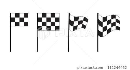 Different straight and flying race flags icons. Start or finish rally competition banners with checkered black and white pattern. Motocross, sport car, auto marathon signs Different straight and flying race flags icons. Start or finish rally competition banners with checkered black and white pattern. Motocross, sport car, auto marathon signs 111244432