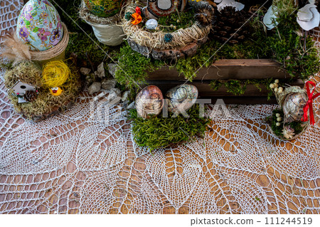 Elevated View of Easter Decor: Handcrafted Beauty and Festive Atmosphere Elevated View of Easter Decor: Handcrafted Beauty and Festive Atmosphere 111244519