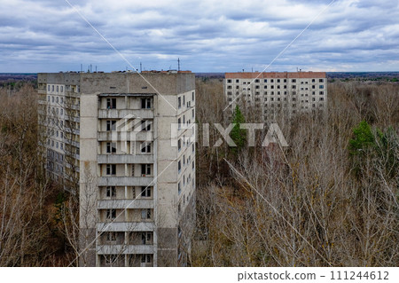 Two abandoned buildings surrounded by overgrown trees under a cloudy sky. 111244612