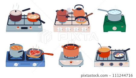 Food on stove. Portable gas hobs with kitchen utensils, dishes cooking process, propane burner with pots, pans and kettles, preparing dinner cartoon flat style isolated nowaday vector set 111244716