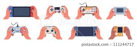 Game joystick in hands. Human arms hold retro videogame controllers, player presses buttons, modern wireless gamepads, electronic digital devices, cartoon flat style nowaday vector set Game joystick in hands. Human arms hold retro videogame controllers, player presses buttons, modern wireless gamepads, electronic digital devices, cartoon flat style nowaday vector set 111244717