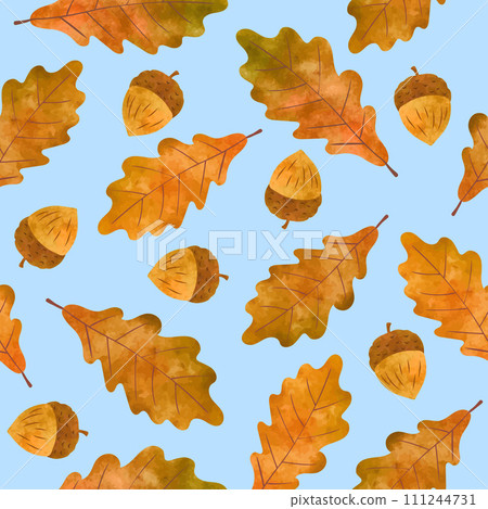 Seamless vector autumn pattern with watercolor acorns and oak leaves Seamless vector autumn pattern with watercolor acorns and oak leaves 111244731