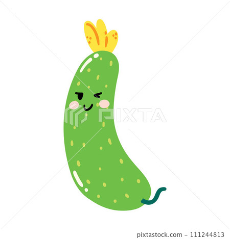Cute hand drawn cucumber smiling. Kawaii funny vegetable character for kids Cute hand drawn cucumber smiling. Kawaii funny vegetable character for kids 111244813