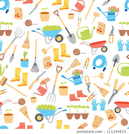 Seamless pattern with hand drawn gardening tools, agriculture equipment. Springtime wallpaper, horticulture concept 111244815
