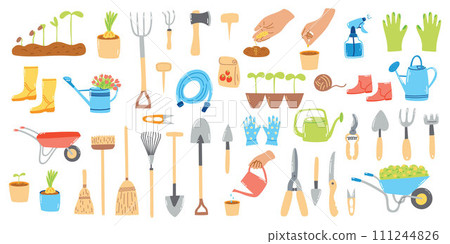 Big set of hand drawn garden elements. Cartoon flat illustration of farm equipment, agriculture items 111244826