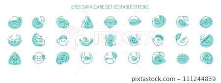 Eye skin care area icon pack set for patch, cream, mask cosmetic and beauty product, ophthalmology clinic, web, packaging. Vector stock illustration isolated on white background. Editable stroke.EPS10 111244839