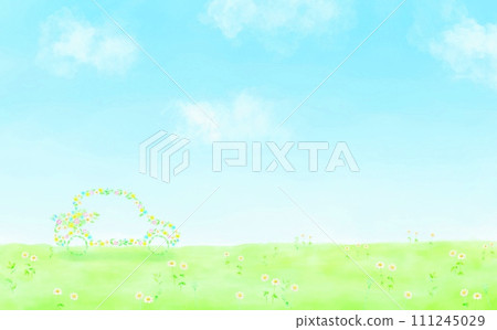 A watercolor illustration of an ecological image of a car designed with flowers running in a field. A watercolor illustration of an ecological image of a car designed with flowers running in a field. 111245029