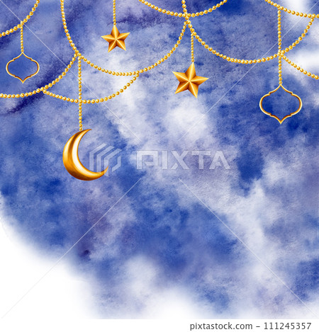 Watercolor Islamic arabian frame with golden crescent moon, stars on a gold chains illustration isolated on blue night background. Muslim hand drawn holiday Ramadan Kareem or Eid Al Adha 2024 Watercolor Islamic arabian frame with golden crescent moon, stars on a gold chains illustration isolated on blue night background. Muslim hand drawn holiday Ramadan Kareem or Eid Al Adha 2024 111245357