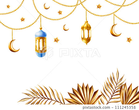 Watercolor Islamic arabian frame, templates with golden crescent moon, stars and lanterns on a gold chains, golden pampas grass, date palm branch illustrations isolated on white background. Muslim Watercolor Islamic arabian frame, templates with golden crescent moon, stars and lanterns on a gold chains, golden pampas grass, date palm branch illustrations isolated on white background. Muslim 111245358