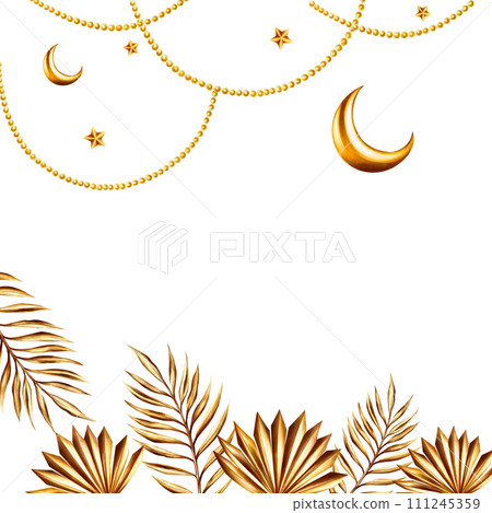 Watercolor Islamic arabian frame, templates with golden crescent moon, stars on a gold chains, golden pampas grass, date palm branch illustrations isolated on white background. Muslim hand drawn Watercolor Islamic arabian frame, templates with golden crescent moon, stars on a gold chains, golden pampas grass, date palm branch illustrations isolated on white background. Muslim hand drawn 111245359