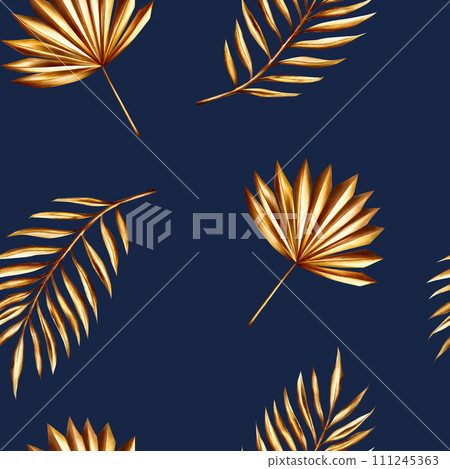 Watercolor seamless pattern with golden pampas grass, date palm branch illustration isolated on background. Botanical and wedding and Ramadan Kareem or Eid Al Adha 2024 hand drawn decor. For 111245363