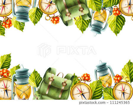 Watercolor frame with illlustrations of hiking, camping backpack, gold vintage marine compass, cloudberry, autumn leaves and oil kerosene lantern. Template for designers, travel business, postcards, 111245365
